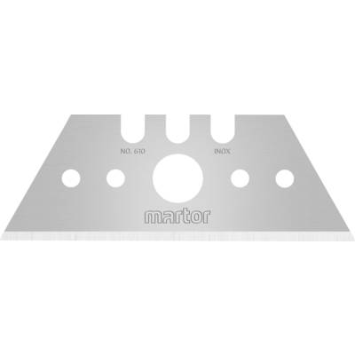 Lame triangulaire avec cinq trous. Inscription 'NO. 610 INOX' et 'martor'. Couleur argentée.