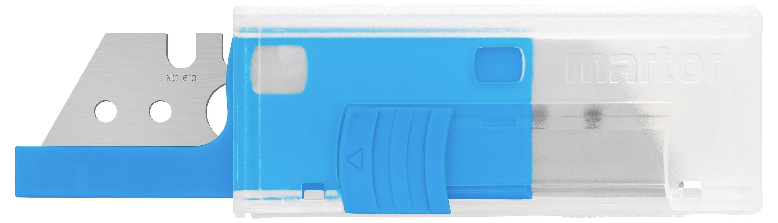 Lames rectangulaires, partiellement visibles dans une boîte en plastique bleu. Texte 'martor' sur la couverture transparente.