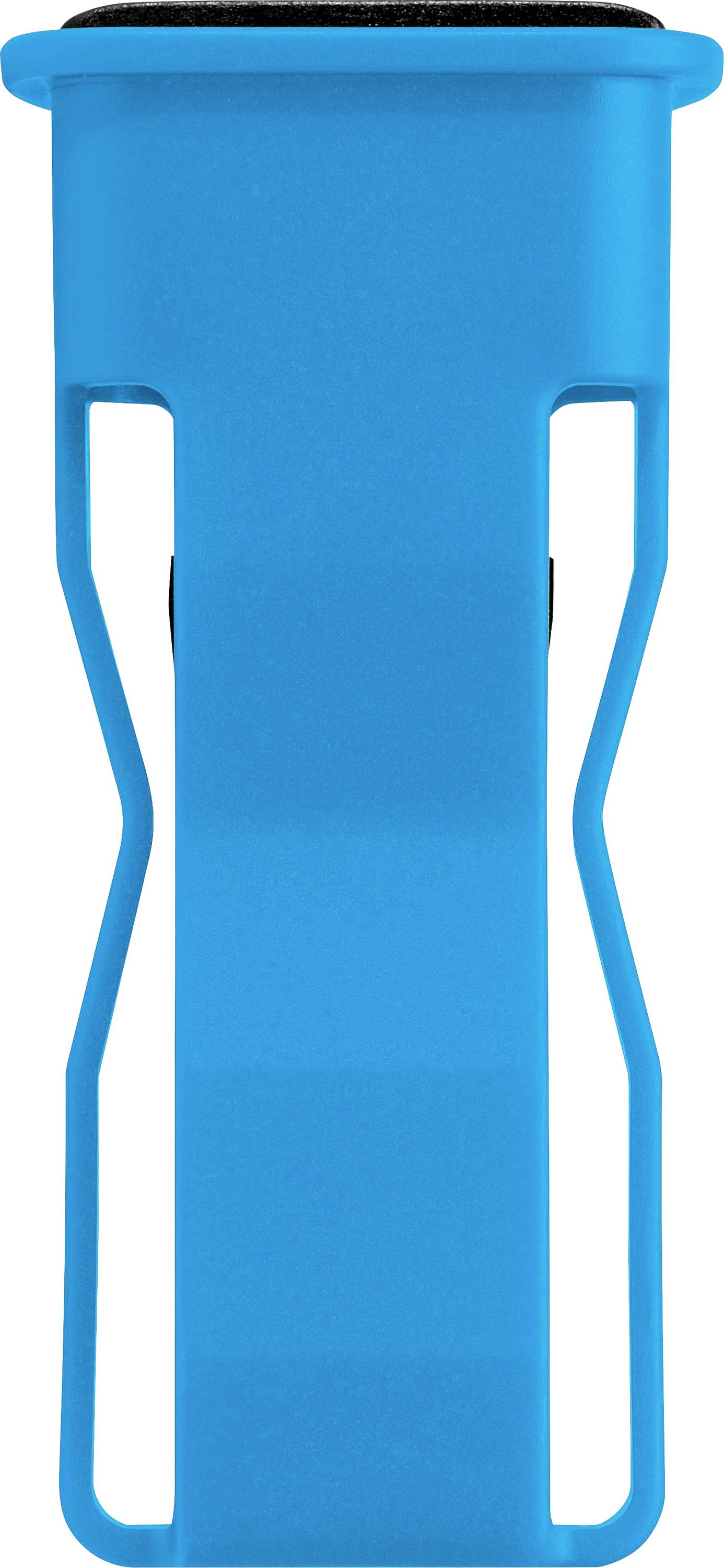 Un clip à vêtements bleu en plastique, utilisé pour suspendre des vêtements.