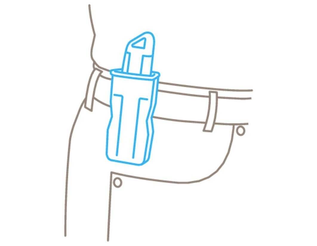 Un dessin montre un couteau dans un étui bleu fixé à une ceinture.