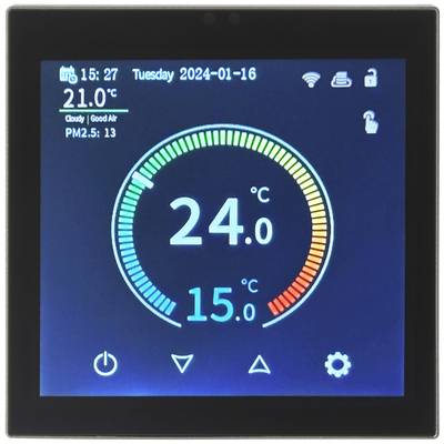 Affichage numérique avec la date 'Mardi 2024-01-16', heure 15:27, température 24°C, qualité de l'air bonne, PM2,5 : 13 µg/m³.