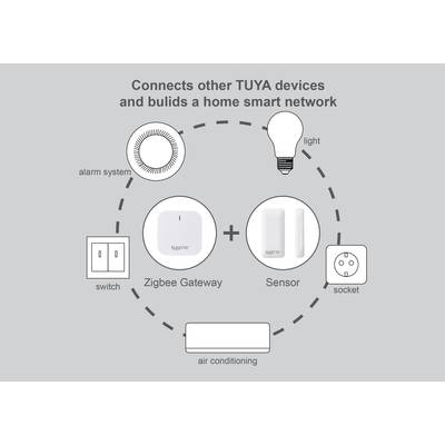 Schéma d'une connexion domotique : Une passerelle Zigbee relie des capteurs à des appareils tels que des luminaires, des prises électriques, des interrupteurs, un système d'alarme et une climatisation.