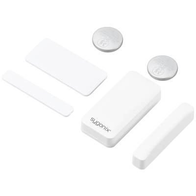 Ensemble de contacts pour portes et fenêtres avec deux piles rondes, trois tampons adhésifs blancs et un capteur principal rectangulaire.