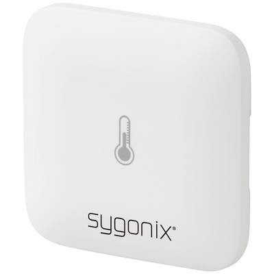 Boîte de capteur carrée blanche avec un symbole de thermomètre et le nom de marque 'sygonix' sur la face avant.