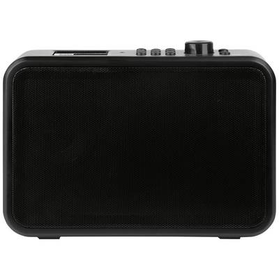 Un poste de radio portable noir, rectangulaire, avec des boutons de commande et un haut-parleur sur la face avant.