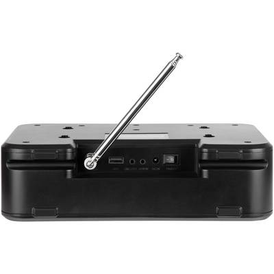 L'image montre l'arrière d'un appareil électronique noir avec une antenne déployée et plusieurs connexions.