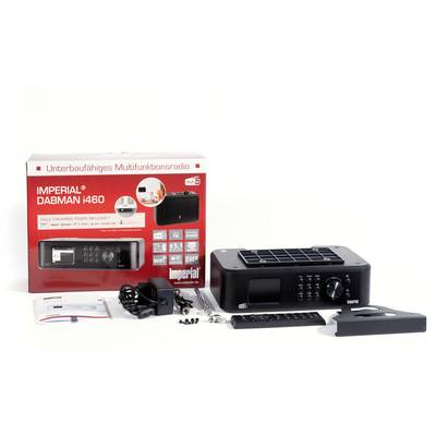 Radio multifonction 'Imperial Dabman i460' avec accessoires : adaptateur secteur, télécommande, matériel de montage et boîte d'emballage en arrière-plan.