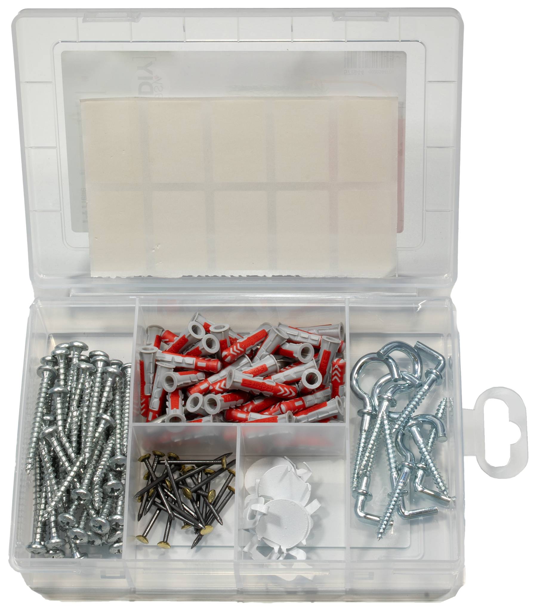 Kit de quincaillerie assorti dans une boîte de rangement en plastique transparent contenant des vis, des chevilles murales, des crochets, des clous et des pinces en plastique.