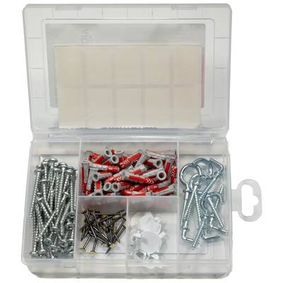Kit de quincaillerie assorti dans une boîte de rangement en plastique transparent contenant des vis, des chevilles murales, des crochets, des clous et des pinces en plastique.