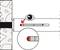 Le diagramme montre une fente oculaire avec une flèche pointant vers une zone rouge. Indication d'un contrôle visuel ou d'un alignement.
