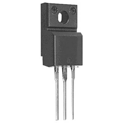 Transistor électronique noir à trois pattes, orienté verticalement, avec trou de fixation en haut. Composant électronique en gros plan.