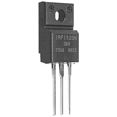 Un transistor TO-220 portant l'inscription 'IRF1520N'. Il possède trois broches métalliques et un trou de fixation en haut.