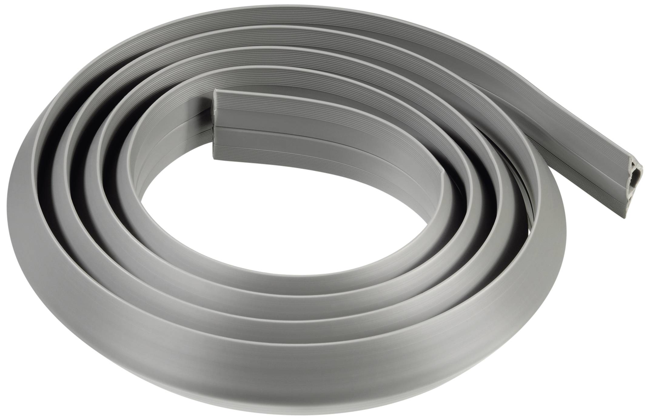Couverture de goulotte de câbles en PVC gris, flexible, enroulée en spirale. Parfaite pour l'organisation des câbles et la prévention des risques de trébuchement.