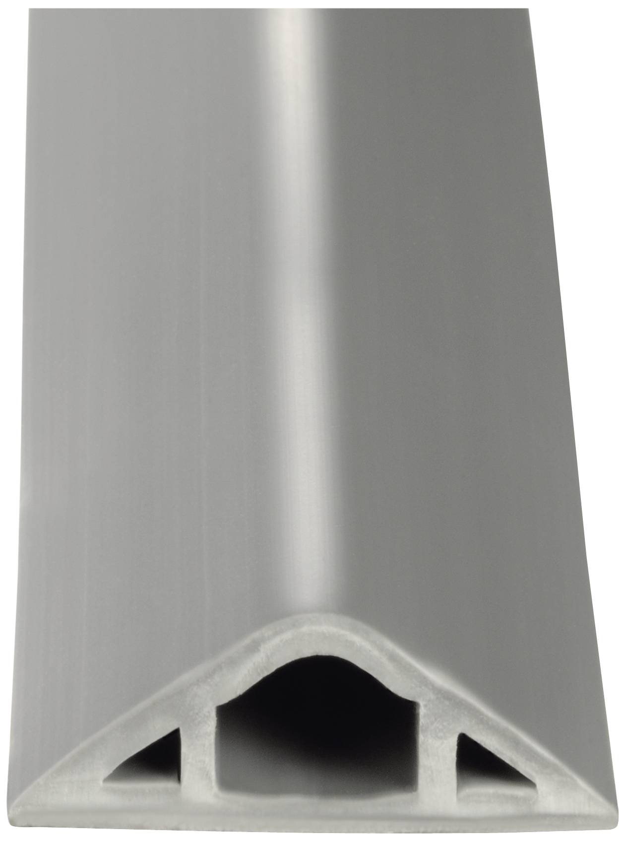 Un profilé en plastique gris, plat, avec une base trapézoïdale et une cavité centrale. Souvent utilisé pour des joints d'étanchéité.