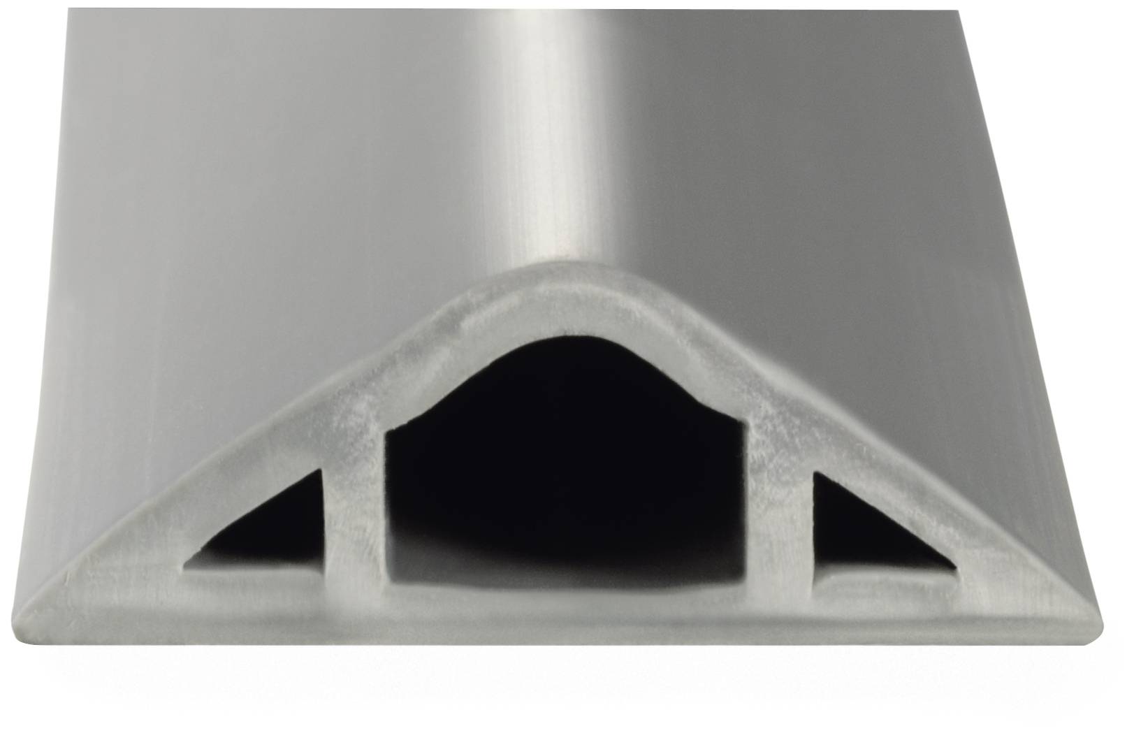 Un profilé métallique argenté, semi-circulaire, avec deux entretoises internes. Adapté aux applications industrielles ou aux joints de porte.