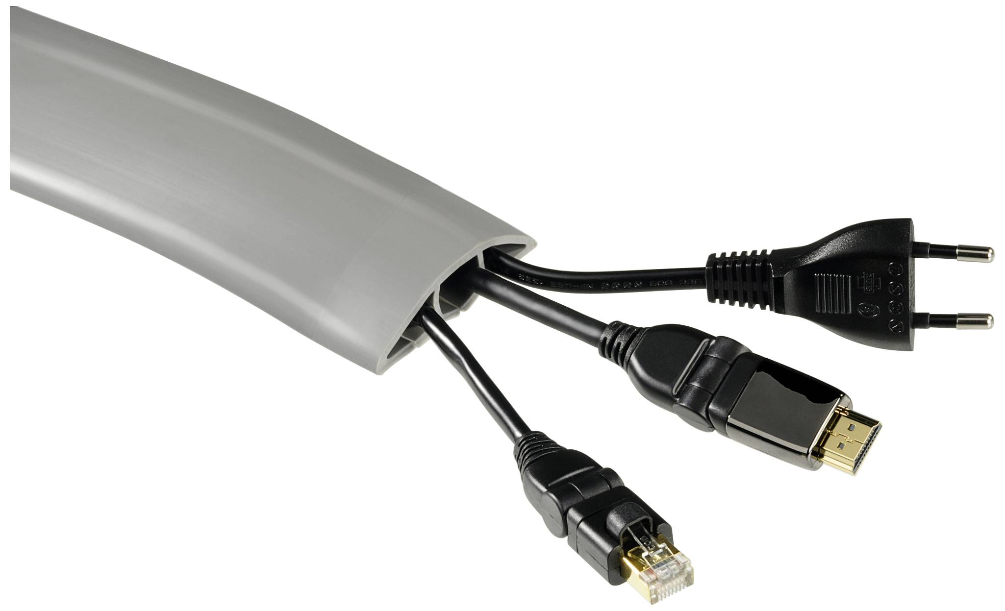 Un conduit de câbles gris range et protège trois câbles remarquables : une fiche secteur, un câble HDMI et un câble Ethernet.