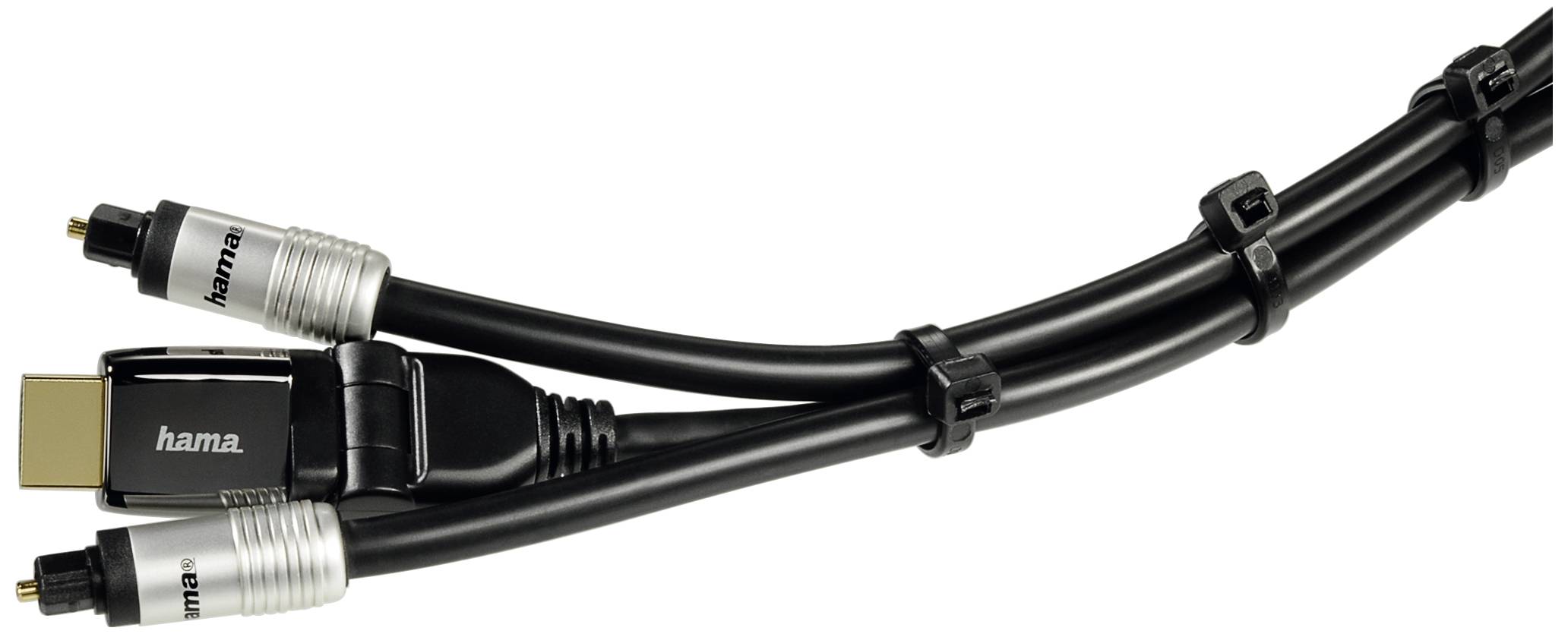 Un câble AV noir et argenté, divisé en trois connecteurs distincts, portant le nom de marque 'Hama' sur chaque fiche. Idéal pour un home cinéma.