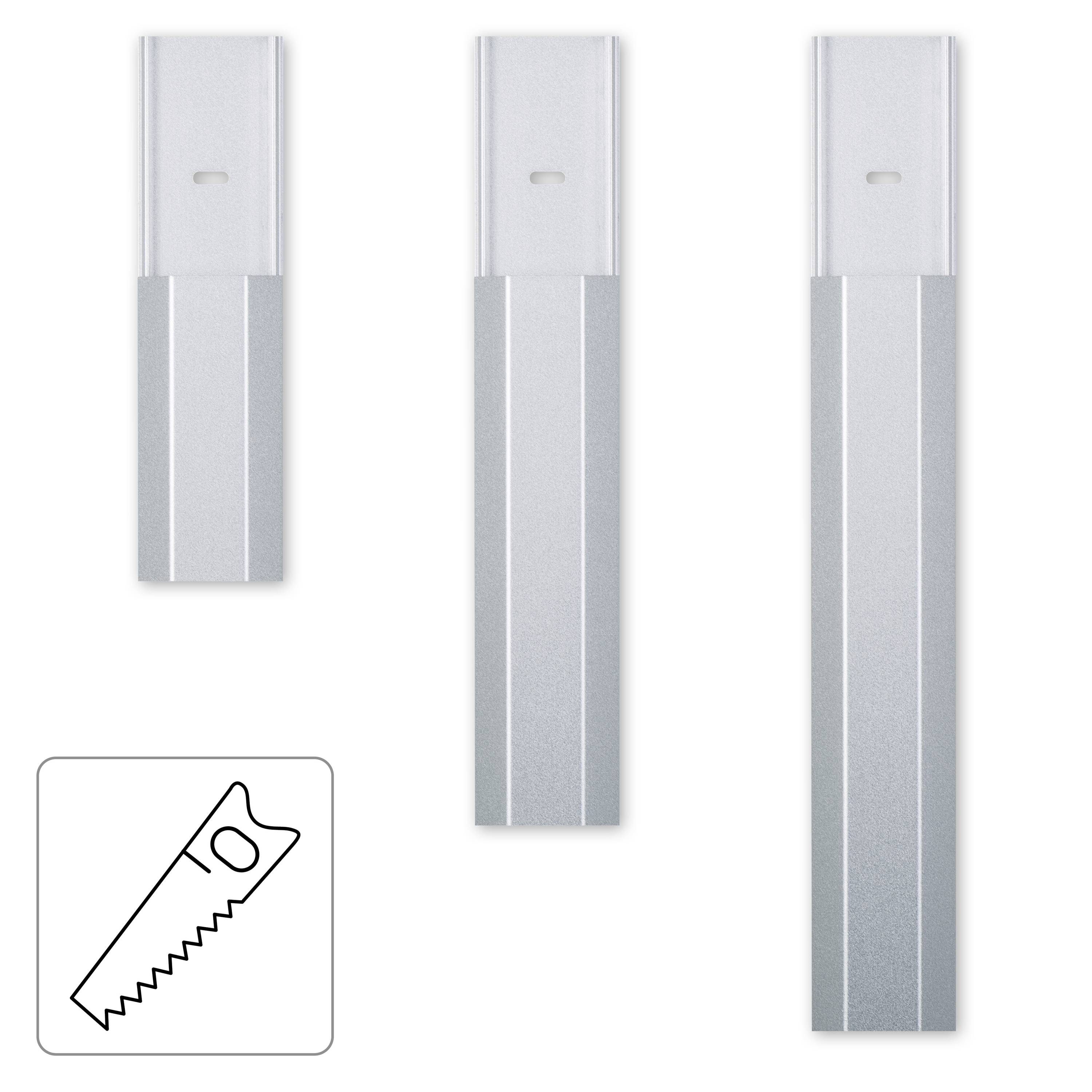Trois clips métalliques argentés de forme rectangulaire, de différentes tailles. En bas à gauche : pictogramme d'une ligne en dents de scie dans un carré.