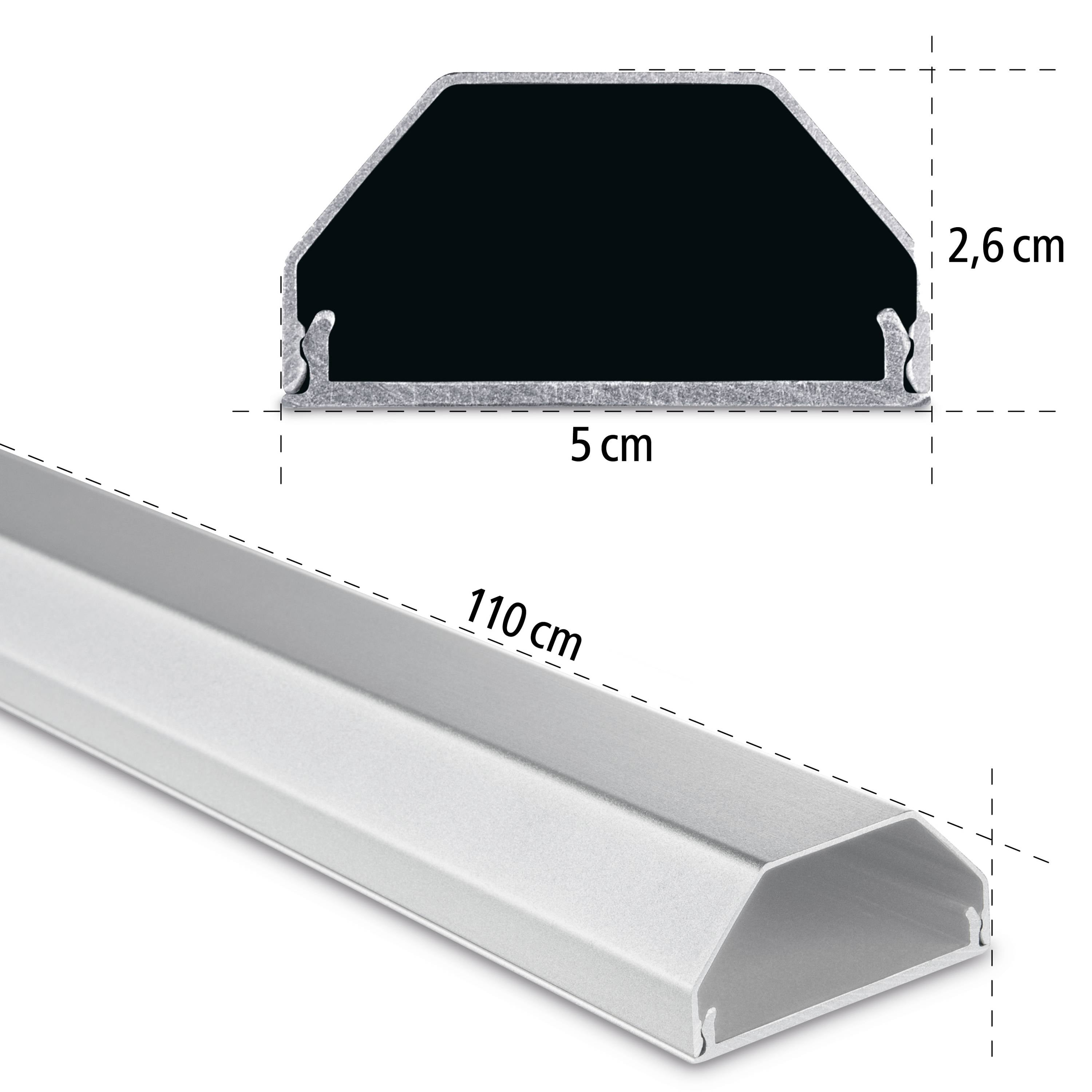 Vue de profil d'un profilé en aluminium trapézoïdal mesurant 110 cm de long, 5 cm de large et 2,6 cm de hauteur.