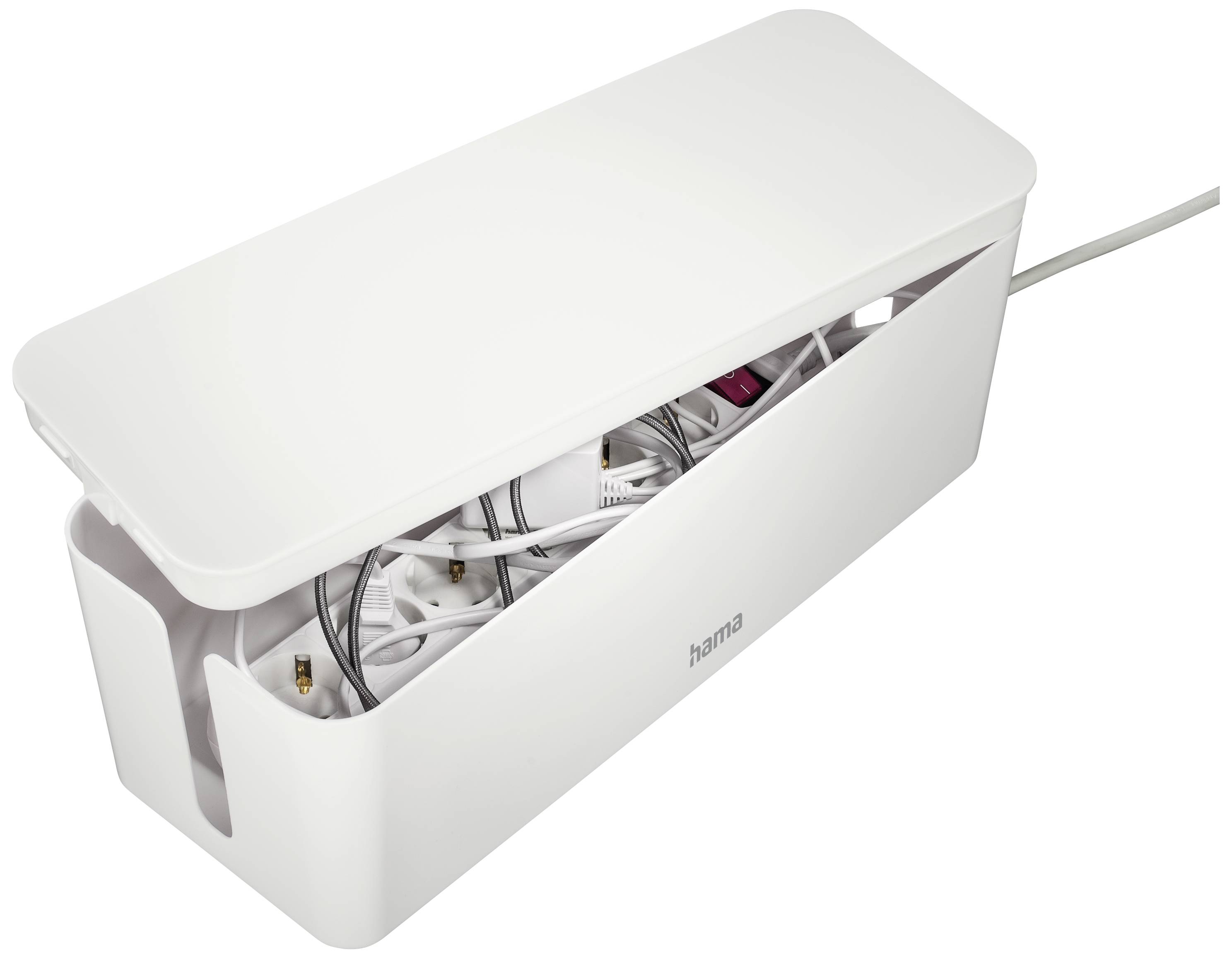 Une boîte de rangement blanche pour câbles avec le couvercle ouvert montre des câbles bien organisés à l'intérieur. La boîte sert à organiser les câbles sur un bureau.