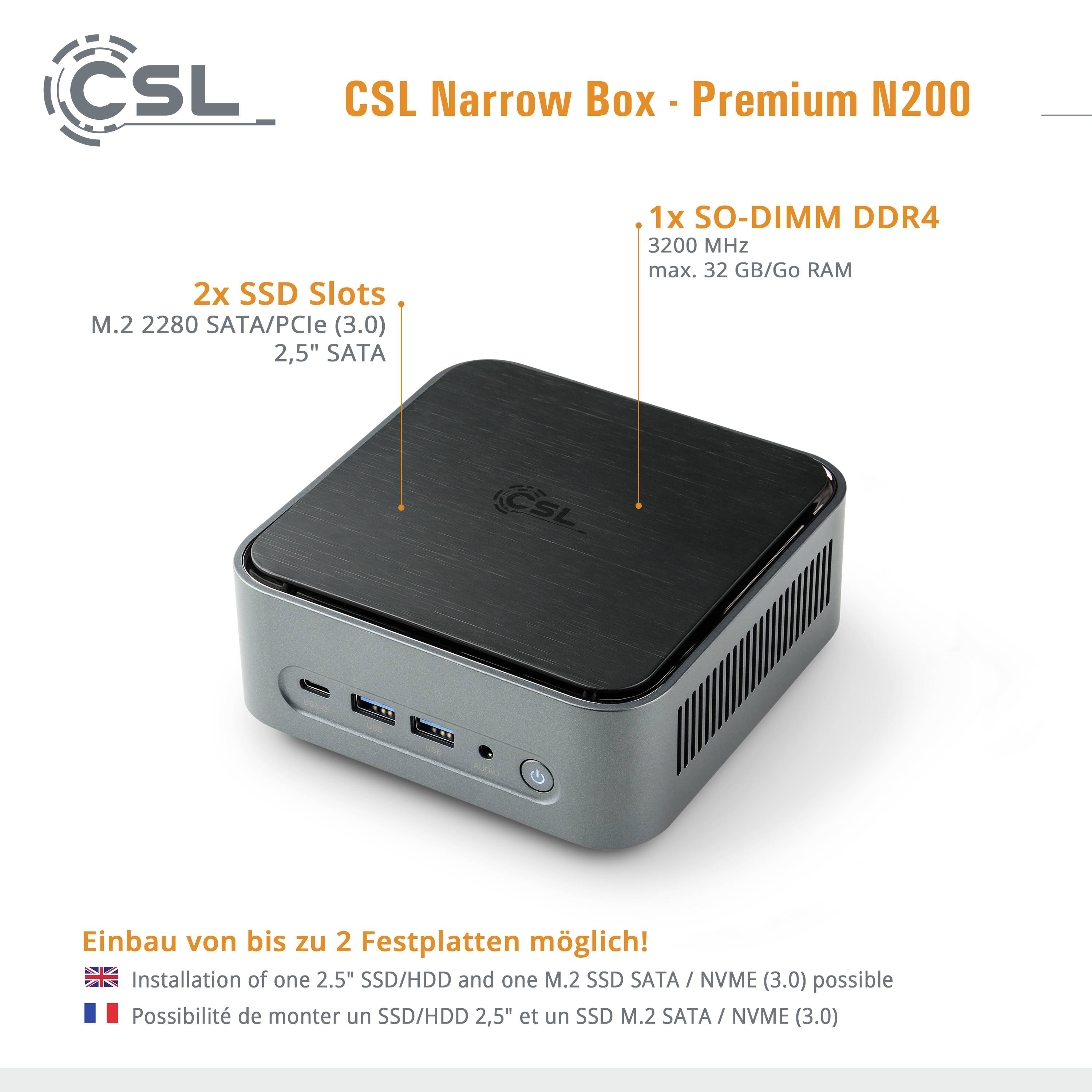 Un mini-PC noir avec bordure argentée. Texte : 'CSL Narrow Box - Premium N200', '2 emplacements SSD', '1x SO-DIMM DDR4', 'Possibilité d'installer jusqu'à 2 disques durs !'