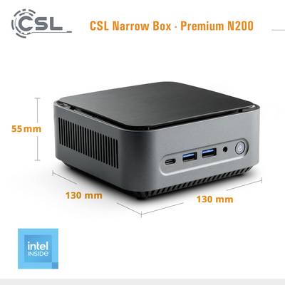 Mini-PC compact 'CSL Narrow Box - Premium N200', 130 mm x 130 mm x 55 mm, avec Intel Inside, deux ports USB et un interrupteur d'alimentation.