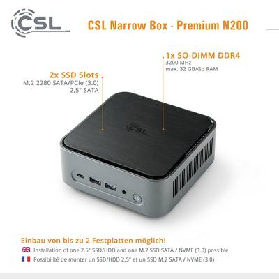Un mini-PC carré, "CSL Narrow Box - Premium N200", équipé d'un processeur Intel N200, avec 2 emplacements SSD et 1 emplacement SO-DIMM DDR4 pour la RAM.