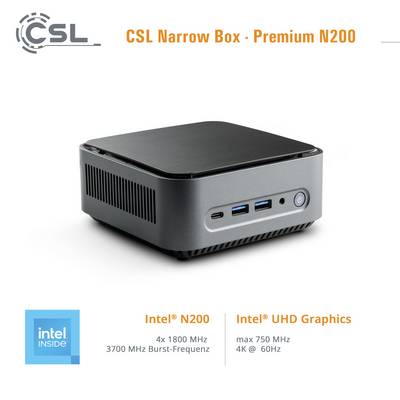 'CSL Narrow Box - Premium N200, Miniordinateur avec Intel N200, 4x 1800 MHz, Turbo 3700 MHz, Graphiques Intel UHD, max 750 MHz, 4K @ 60Hz.'