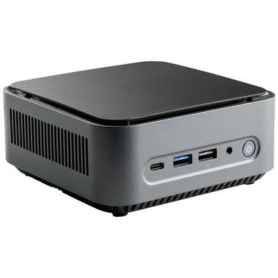 Un mini-PC compact avec un dessus noir, doté de plusieurs ports à l'avant, dont des ports USB et audio, ainsi qu'un interrupteur marche/arrêt.