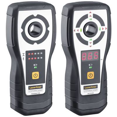 Deux appareils de détection dans les murs. À gauche : Émetteur avec bouton de commande et LED. À droite : Récepteur avec écran et indication de mesure.