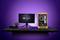 Un bureau avec un setup informatique. L'écran affiche le logo de 'Thermaltake', accompagné d'un clavier, d'une souris, d'une caméra, d'une plante et d'un boîtier d'ordinateur jaune.
