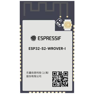 Puce ESP32-S2-WROVER-I de Espressif, avec code QR et inscription en chinois. Comprend des broches de connexion et une antenne en haut à droite.
