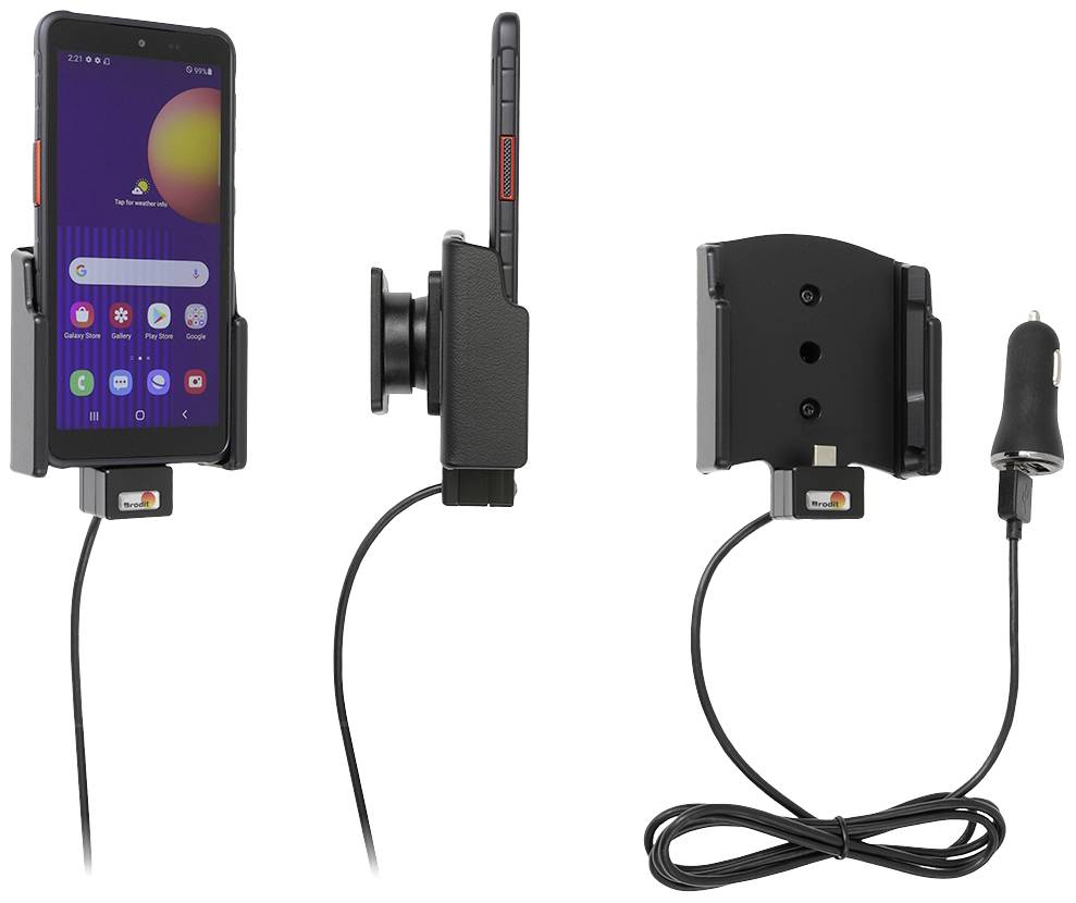 Support de smartphone pour voiture, montrant l'appareil sous différents angles avec câble de charge et fonction de rotation à 360 degrés.