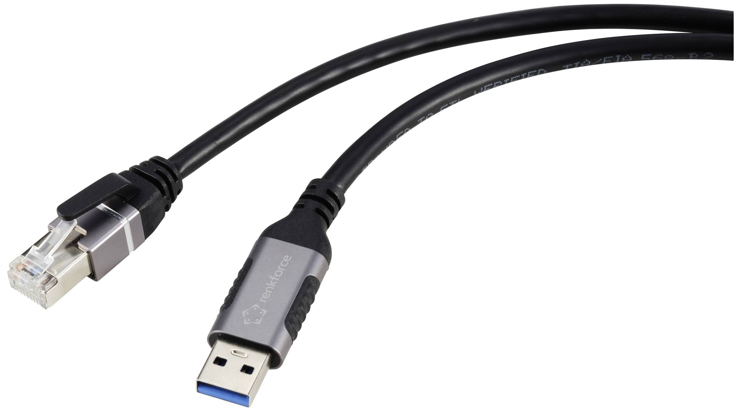 Un câble noir avec une fiche USB d'un côté et une fiche Ethernet de l'autre, sur un fond blanc.
