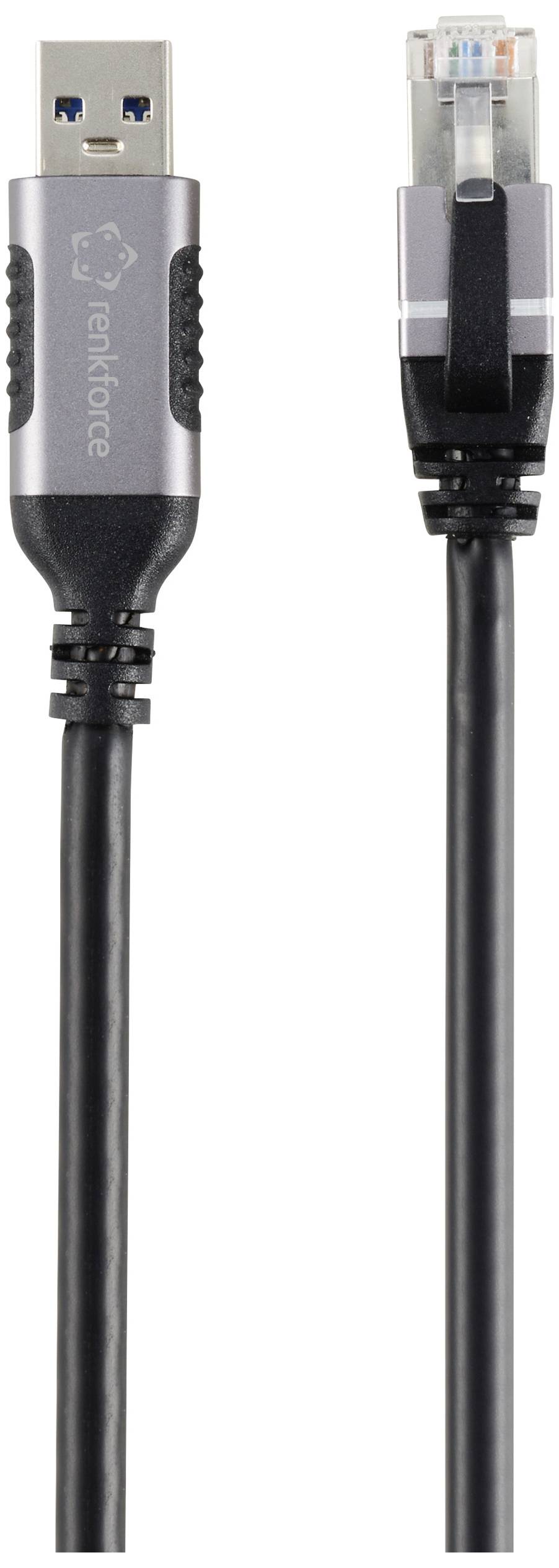 Câble adaptateur USB vers Ethernet avec fiche USB à gauche et fiche Ethernet à droite.