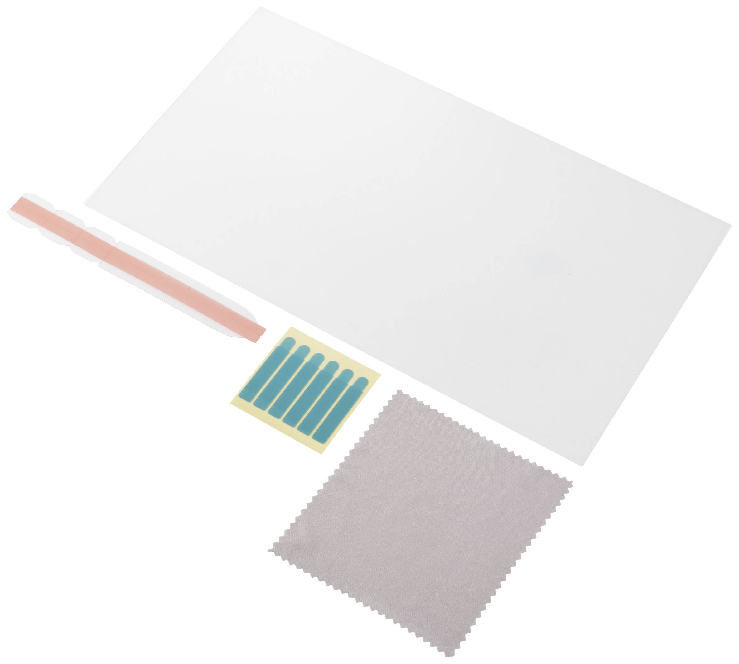 L'image montre un kit de nettoyage : un grand chiffon, cinq petites bandes et un chiffon de polissage, utilisés pour l'entretien des surfaces.