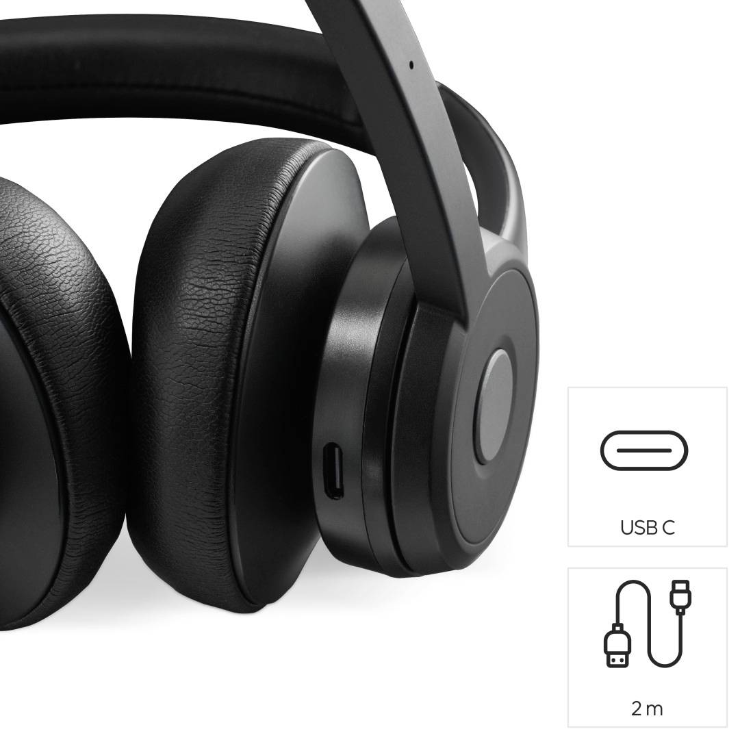 Casque audio noir supra-auriculaire avec connexion USB-C. Comprend un câble USB de 2 mètres. Idéal pour écouter de la musique et passer des appels.
