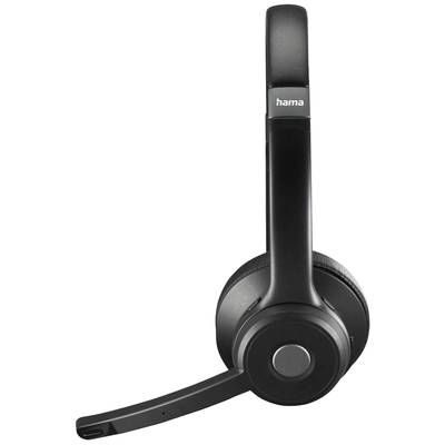 Casque sans fil noir avec microphone sur l'arceau et coussinets d'oreille rembourrés, adapté pour les appels téléphoniques ou l'écoute de musique.
