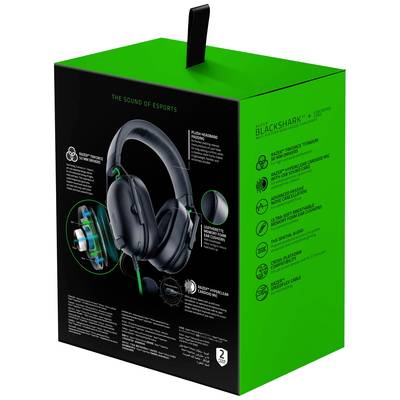 Casque de gaming noir sur un emballage vert clair avec le texte : 'Le Son des Esports'. Détails du produit et diagrammes des caractéristiques.