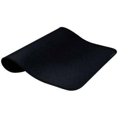 Tapis de souris noir, rectangulaire, avec un bord légèrement incurvé sur fond blanc. Design minimaliste, surface antidérapante sur la face inférieure.