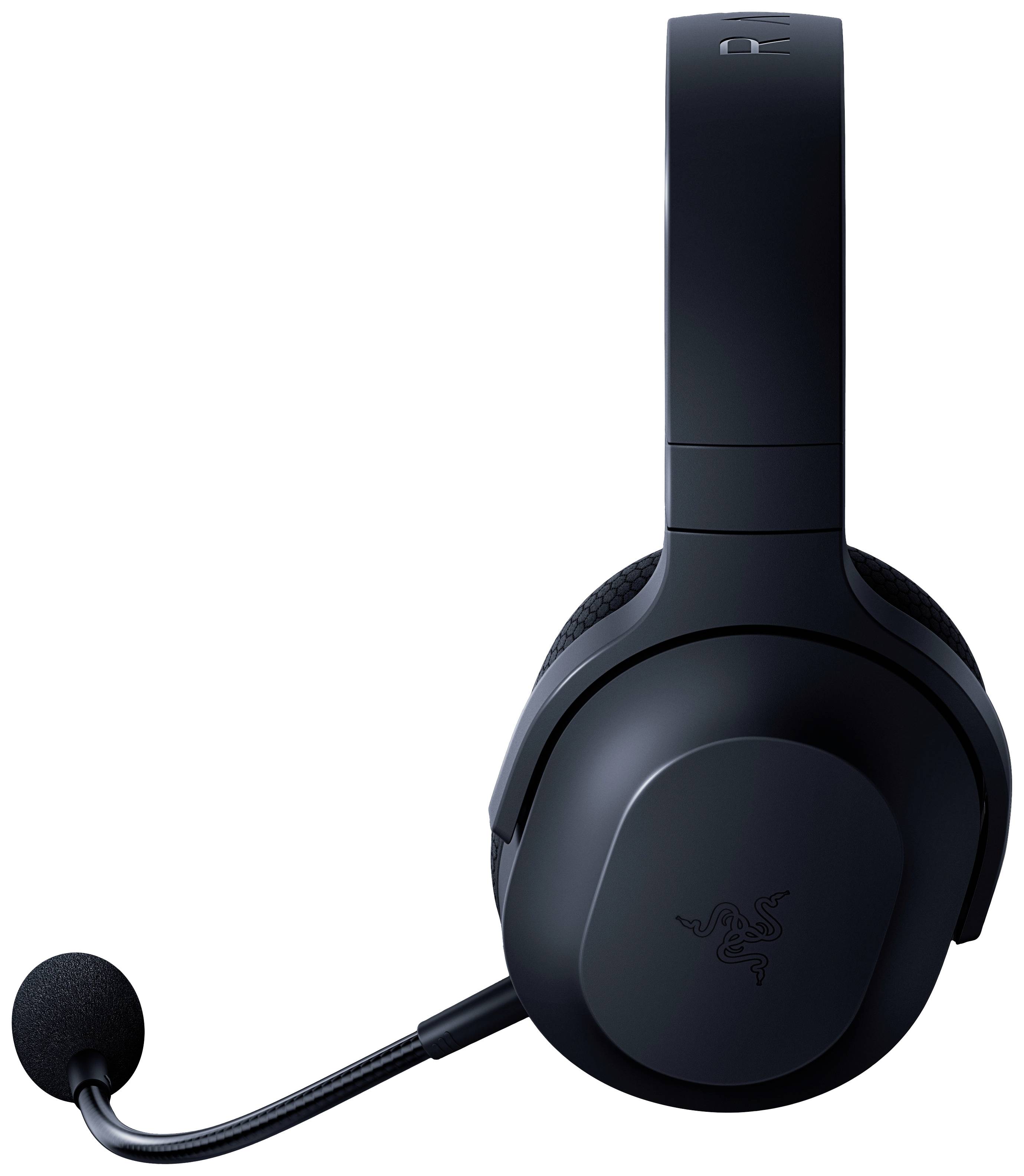 Casque de gaming noir avec microphone sur l'écouteur gauche, conçu pour une restitution audio immersive et une communication optimale pendant le jeu.