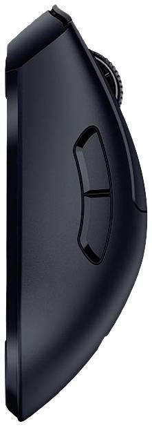 Souris d'ordinateur noire verticale avec design ergonomique et deux boutons latéraux, vue de côté. Conçue pour soulager les tensions au poignet.