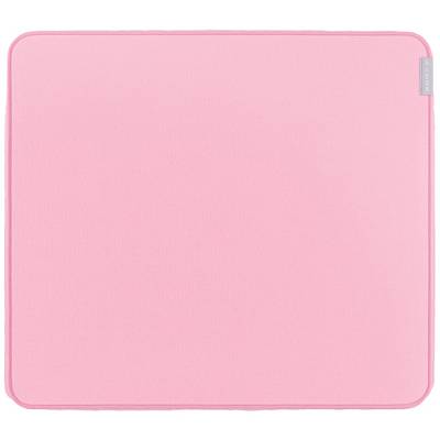 Un simple carré de tissu rose pâle aux coins arrondis, avec une petite étiquette dans le coin supérieur droit.