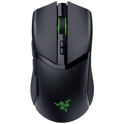 Une souris d'ordinateur noire sans fil avec un logo vert lumineux sur la paume et une molette texturée.