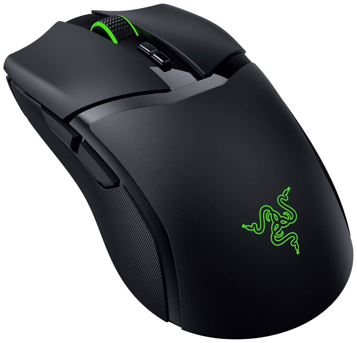 Souris de gaming noire au design ergonomique, avec des accents LED verts et un logo marquant et lumineux.