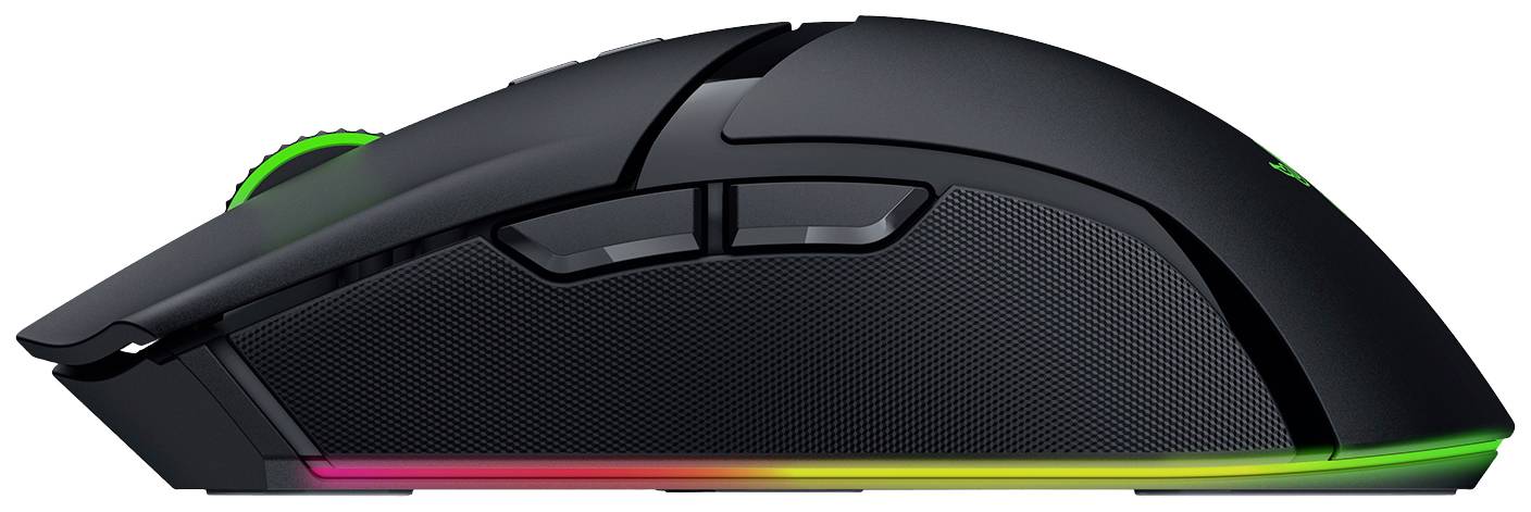 Souris de jeu noire avec éclairage RVB sur le côté, plusieurs boutons et une prise en main structurée pour une meilleure adhérence.