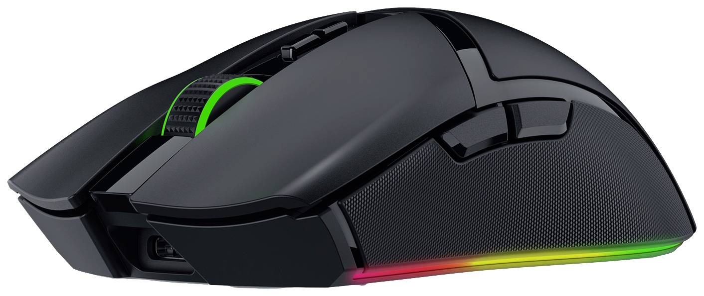 Une souris de gaming noire avec éclairage RVB, illuminée le long de la molette de défilement et sur les côtés.