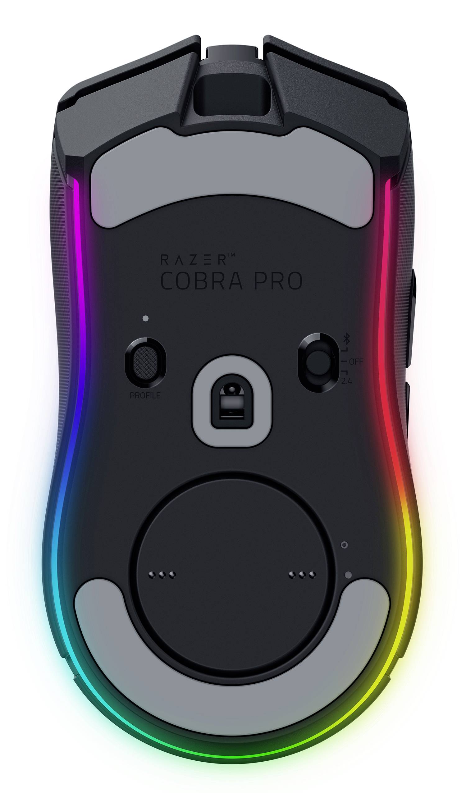 Souris d'ordinateur noire avec des LED RVB, capteur optique, deux interrupteurs sur le dessous et l'inscription 'Razer Cobra Pro'.