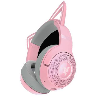 Casque de jeu rose avec oreilles de chat, écouteurs fermés, coussinets gris et un logo distinctif sur l'extérieur.