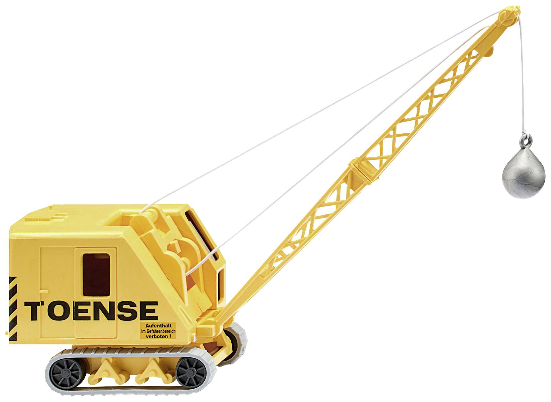 Grue jouet en plastique jaune portant l'inscription 'Toense'. La grue possède une longue flèche avec une boule de démolition à l'extrémité du câble.